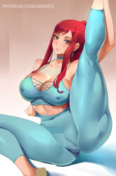 Rule 34 | 1girl, araneesama, blue choker, blue sports bra, blush, breasts, brown eyes, choker, closed mouth, collarbone, covered erect nipples, erza scarlet, fairy tail, flexible, highres, large breasts, leaning to the side, leg up, long hair, midriff, pants, red hair, sidelocks, sitting, smile, solo, sports bra, stretching, thick thighs, thighs, yoga pants