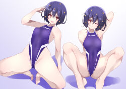 Rule 34 | 1girl, black hair, breasts, character name, clothes writing, covered navel, coveredcore, hair ornament, highleg, highleg swimsuit, medium breasts, mizuno (brand), mizuno ai, multiple views, name connection, one-piece swimsuit, purple one-piece swimsuit, red eyes, short hair, squatting, swimsuit, thighs, zombie land saga