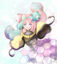 Rule 34 | 1girl, :d, arm up, character hair ornament, commentary request, creatures (company), from above, game freak, green hair, grey footwear, grey pantyhose, grey shirt, hair ornament, iono (pokemon), jacket, looking at viewer, nintendo, open mouth, pantyhose, pink hair, pokemon, pokemon sv, sharp teeth, shirt, shoes, single leg pantyhose, sirius., sleeveless, sleeveless shirt, sleeves past fingers, sleeves past wrists, smile, solo, standing, teeth, thigh strap, upper teeth only, yellow jacket