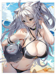 Rule 34 | 1girl, animal ear fluff, animal ears, bare shoulders, beach, bikini, black bikini, blood, blue sky, blush stickers, bomb, breasts, choker, cleavage, cloud, cloudy sky, collarbone, crossed bangs, day, dog tags, earrings, explosive, floating hair, foreshortening, fuse, glint, grey eyes, hair between eyes, hand up, holding, hololive, horizon, jewelry, large breasts, leaning to the side, lion ears, lion tail, long hair, looking to the side, navel, nosebleed, o-ring, outdoors, parted lips, scottie (phantom2), shishiro botan, sky, smile, ssrb (shishiro botan), starfish, swimsuit, tail, virtual youtuber, white hair