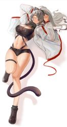 Rule 34 | 1girl, absurdres, animal ears, arknights, bare legs, black footwear, black hair, black panties, black scarf, black shorts, blush, breasts, cat ears, cat tail, chinese commentary, chong (547342983), cleavage, covered erect nipples, cross-laced footwear, full body, gradient hair, hair between eyes, hair over one eye, highres, jacket, lace, lace-trimmed panties, lace trim, lips, long hair, looking at viewer, lying, medium breasts, midriff, multicolored hair, navel, on back, open clothes, open jacket, panties, panty peek, ponytail, scarf, schwarz (arknights), see-through, shoes, short shorts, shorts, silver hair, simple background, skindentation, smile, solo, tail, thigh gap, thigh strap, thighs, two-tone hair, underwear, white background, white jacket, yellow eyes