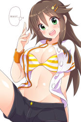 Rule 34 | 10s, 1girl, bikini, bikini top only, blush, breasts, brown hair, cleavage, green eyes, hair between eyes, hair ornament, hairclip, hard-translated, himekawa yuki, idolmaster, idolmaster cinderella girls, large breasts, long hair, looking at viewer, navel, open clothes, open mouth, open shirt, shirt, shorts, simple background, smile, solo, stomach, striped bikini, striped clothes, sweatdrop, swimsuit, third-party edit, thought bubble, translated, trente, white background, wristband