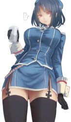 Rule 34 | 10s, 1girl, beret, black gloves, black hair, blue jacket, blue skirt, buttons, closed mouth, cup, eyes visible through hair, garter straps, gloves, hat, holding, holding cup, jacket, jpeg artifacts, kantai collection, long sleeves, looking at viewer, looking down, pencil skirt, red eyes, short hair, simple background, skirt, solo, takao (kancolle), thighhighs, thighs, underbust, utopia, white background