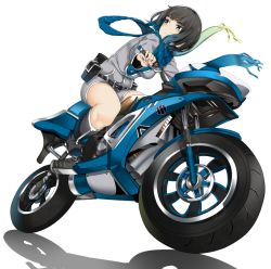 Rule 34 | 1girl, black hair, blue eyes, boots, doko tetora, knee boots, motor vehicle, motorcycle, original, riding, scarf, shadow, short hair, simple background, solo, vehicle, white background