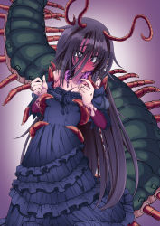 Rule 34 | 1girl, antennae, arthropod girl, arthropod limbs, bare shoulders, black dress, blush, centipede girl, closed mouth, commission, dress, embarrassed, full-face blush, goth fashion, highres, long hair, monster girl, monster girl encyclopedia, oomukade (monster girl encyclopedia), pixiv commission, purple eyes, purple hair, solo, tyomoti, wavy mouth