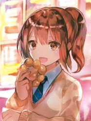 Rule 34 | 1girl, :d, blue necktie, brown eyes, brown hair, cardigan, collared shirt, commentary request, eating, food, food request, highres, holding, holding food, long sleeves, looking at viewer, necktie, open mouth, ponytail, rioka (southern blue sky), shirt, smile, solo, upper body, white shirt, wing collar