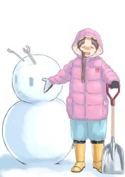 Rule 34 | 1girl, :3, ^ ^, alternate costume, aqua pants, ayanami (kancolle), blush, boots, brown hair, closed eyes, coat, gloves, holding, holding shovel, hood, hooded jacket, jacket, kantai collection, long hair, long sleeves, matsutani, open mouth, pants, pink jacket, shovel, side ponytail, simple background, smile, snowman, solo, standing, sweat, white background, winter clothes, winter coat, wrench, yellow footwear, | |