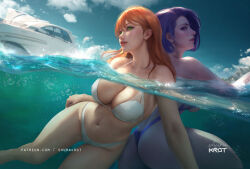 Rule 34 | 2girls, artist name, ass, bare shoulders, bikini, boat, breasts, bubble, cloud, cloudy sky, commentary, dc comics, english commentary, green eyes, large breasts, long hair, multiple girls, navel, ocean, orange hair, parted lips, partially submerged, partially underwater shot, patreon username, purple eyes, purple hair, raven (dc), realistic, short hair, shurakrgt, sideways glance, sky, starfire, swimming, swimsuit, teen titans, underwater, water, watercraft, watermark, web address, white bikini, yacht