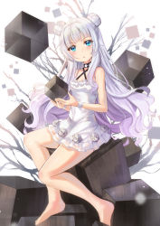 Rule 34 | 1girl, absurdres, azur lane, bare legs, bare shoulders, bare tree, barefoot, blue eyes, blunt bangs, commentary request, criss-cross halter, cube, double bun, dress, flower, frilled dress, frills, hair bun, halterneck, head tilt, highres, holmemee, le malin (azur lane), le malin (sleepy sunday) (azur lane), long hair, looking at viewer, parted lips, rose, silver hair, simple background, sitting, solo, tree, very long hair, white background, white dress, white flower, white rose