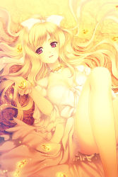 Rule 34 | 1girl, blonde hair, bow, breasts, cleavage, dress, hair bow, jewelry, legs, long hair, lying, necklace, on back, original, purple eyes, smile, solo, touto seiro