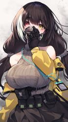 Rule 34 | 1girl, absurdres, bare shoulders, belt, black gloves, black skirt, breasts, brown hair, commentary request, diieru, gas mask, girls&#039; frontline, gloves, hair between eyes, hand up, heterochromia, highres, id card, jacket, lanyard, large breasts, long hair, looking at viewer, mask, multicolored hair, open clothes, open jacket, red eyes, ro635 (girls&#039; frontline), ro635 (mod3) (girls&#039; frontline), skirt, sleeveless, sleeveless sweater, solo, streaked hair, sweater, twintails, utility belt, white hair, yellow eyes, yellow jacket
