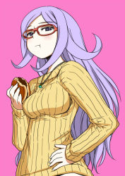 Rule 34 | 10s, 1girl, :t, aila jyrkiainen, bespectacled, blush, breasts, eating, food, glasses, gundam, gundam build fighters, hand on own hip, jewelry, long hair, looking down, medium breasts, necklace, pink background, purple eyes, red-framed eyewear, ribbed sweater, sakaki imasato, silver hair, simple background, solo, sweater, wagashi