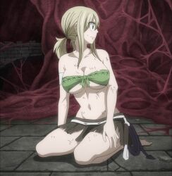 Rule 34 | 1girl, blonde hair, breasts, cleavage, fairy tail, highres, large breasts, long hair, looking to the side, lucy heartfilia, makeshift bra, midriff, navel, screencap, shirt, sitting, skirt, solo, stitched, thighs, third-party edit, tied shirt, torn clothes, wariza