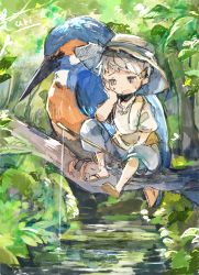 Rule 34 | 1girl, ame sato, animal, bird, blue bird, cloud, commentary request, day, fishing, fishing line, fishing rod, hat, nature, original, outdoors, oversized animal, painting (medium), river, sitting, sky, solo, straw hat, tired, traditional media, tree, water