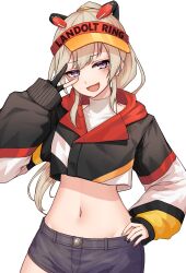 Rule 34 | 1girl, absurdres, black gloves, blush, brown hair, crop top, cropped jacket, gloves, grey shorts, hand on own hip, hand up, highres, komori met, kushinaka, long hair, long sleeves, looking at viewer, midriff, multicolored nails, navel, open mouth, partially fingerless gloves, ponytail, puffy long sleeves, puffy sleeves, purple eyes, shirt, short shorts, shorts, simple background, single glove, smile, solo, turtleneck, upper body, v, virtual youtuber, visor cap, vspo!, white background, white shirt