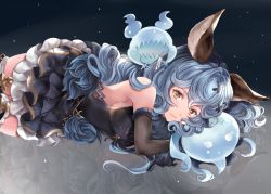 Rule 34 | 1girl, animal ears, armpits, backless outfit, bad id, bad pixiv id, bare back, belt, black gloves, blue hair, breasts, brown gloves, commentary, earrings, erune, ferry (granblue fantasy), gloves, granblue fantasy, hoop earrings, jewelry, long hair, looking at viewer, loose belt, rabbit ears, sideboob, single earring, small breasts, solo, soraneko hino, wavy hair, whip, yellow eyes