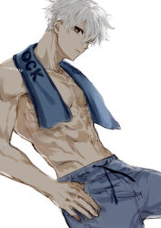 Rule 34 | 1boy, abs, blue lock, bright pupils, closed mouth, commentary request, drawstring, hair between eyes, looking at viewer, male focus, nagi seishirou, nori20170709, short hair, simple background, solo, thumb in pocket, topless male, towel, towel around neck, twitter username, white background, white hair, white pupils