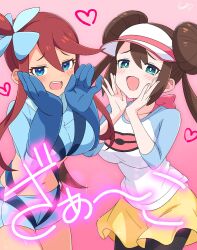 Rule 34 | 2girls, :d, aqua eyes, blue eyes, blue gloves, blush, breasts, brown hair, commentary request, creatures (company), double bun, game freak, gloves, gradient background, hair bun, heart, highres, kamuraaa 615, large breasts, long hair, multiple girls, navel, nintendo, open mouth, pink background, pokemon, pokemon bw, pokemon bw2, red hair, rosa (pokemon), shorts, skyla (pokemon), smile, teeth, twintails, upper teeth only, visor cap, yellow shorts
