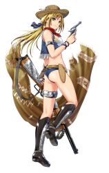 Rule 34 | 1girl, absurdres, alpha transparency, ano hito, ass, blonde hair, boots, breasts, brown scarf, commentary request, cowboy hat, cowboy western, cropped vest, denim, denim shorts, flat ass, full body, green eyes, gun, handgun, hat, hat feather, highleg, highleg panties, highres, holding, holding gun, holding weapon, holster, knee boots, legband, lever action, long hair, medium breasts, micro shorts, original, panties, ponytail, revolver, rifle, scarf, sheriff badge, shorts, smile, solo, transparent background, trigger discipline, underwear, vest, weapon