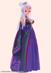 Rule 34 | 1girl, bangs pinned back, bare shoulders, breasts, closed mouth, detached collar, detached sleeves, dress, enkyo yuuichirou, extra eyes, full body, grey background, large breasts, long hair, looking at viewer, official art, pointy ears, purple dress, purple hair, red eyes, simple background, sleeves past fingers, sleeves past wrists, solo, standing, watermark, youkai hyakki-tan!