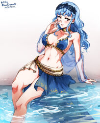 Rule 34 | 1girl, bare shoulders, bikini, blue bikini, blue hair, blush, braid, breasts, brown eyes, crown braid, fire emblem, fire emblem: three houses, fire emblem heroes, fire emblem warriors: three hopes, hair down, hand on own cheek, hand on own face, large breasts, long hair, looking at viewer, marianne von edmund, marianne von edmund (summer), mina cream, navel, nintendo, official alternate costume, official alternate hairstyle, open mouth, sarong, see-through, see-through sleeves, smile, solo, stomach, swimsuit