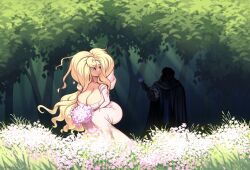 Rule 34 | 1boy, 1girl, absurdres, blonde hair, blue eyes, breasts, cleavage, dress, field, flower, flower field, glitter and gold, highres, honey (glitter and gold), huge breasts, long hair, original, outdoors, pink dress, silhouette, squatting, tree, very long hair