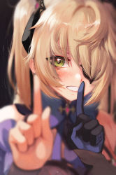 Rule 34 | 1girl, black background, black nails, black ribbon, blonde hair, blurry, blurry background, blurry foreground, blush, bow, bowtie, breasts, commentary request, depth of field, eyepatch, fischl (genshin impact), genshin impact, gloves, green eyes, grin, hair between eyes, hair over one eye, hair ribbon, highres, koi dance, lips, long hair, looking at viewer, medium breasts, nail polish, purple bow, purple bowtie, ribbon, sidelocks, simple background, single glove, smile, solo, teeth, torriet, two side up, upper body