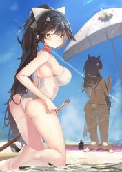 Rule 34 | 2girls, absurdres, arched back, ass, atago (azur lane), atago (summer march) (azur lane), azur lane, barefoot, beach umbrella, bikini, black hair, blue sky, bokken, bow, brown eyes, casual one-piece swimsuit, cloud, contrail, criss-cross halter, day, full body, hair bow, hair flaps, halterneck, highres, holding, holding sword, holding weapon, isaka wasabi, kneeling, long hair, multiple girls, one-piece swimsuit, outdoors, ponytail, ribbon, sarong, shade, skindentation, sky, solo focus, swimsuit, sword, takao (azur lane), takao (beach rhapsody) (azur lane), umbrella, weapon, white bikini, white bow, white one-piece swimsuit, white ribbon, white umbrella, wooden sword