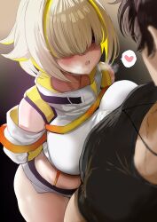 Rule 34 | 1boy, 1girl, blonde hair, blush, breasts, commander (nikke), crop top, elegg (nikke), goddess of victory: nikke, grey shorts, hair intakes, hair over eyes, heart, heavy breathing, highres, large breasts, long sleeves, looking at another, micro shorts, multicolored hair, open mouth, plump, redi (rasec asdjh), short hair, shorts, spoken heart, suspender shorts, suspenders, sweat, two-tone hair