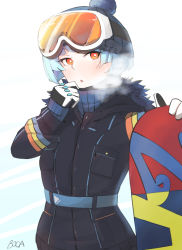 Rule 34 | 1girl, beanie, belt, black jacket, blue hair, blue sweater, boca, breath, commentary, fur-trimmed jacket, fur trim, girls&#039; frontline, gloves, goggles, goggles on head, gradient background, hat, jacket, looking at viewer, open mouth, orange eyes, pocket, pom pom (clothes), ribbed sweater, short hair, signature, snowboard, solo, strap, sweater, two-tone background, zas m21 (girls&#039; frontline), zipper