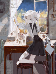Rule 34 | 1girl, absurdres, bandages, blue sky, closed mouth, curtains, ema (613mitzvot), flower, highres, horns, loafers, long hair, looking at viewer, looking back, original, pale skin, school uniform, serafuku, shoes, short sleeves, sky, solo, sunflower, table, white eyes, white hair, window