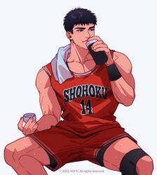 Rule 34 | 1boy, artist name, basketball jersey, basketball uniform, black eyes, black hair, closed mouth, copyright notice, highres, looking away, male focus, mitsui hisashi, pectoral cleavage, pectorals, red shirt, red shorts, shirt, short hair, shorts, simple background, sitting, slam dunk (series), sleeveless, sleeveless shirt, solo, sportswear, spread legs, towel, towel around neck, white background, yotti