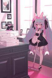 Rule 34 | 1girl, animal ear fluff, animal ears, black footwear, black necktie, blue hair, bow, breasts, broom, detached collar, hair bow, high heels, highres, holding, holding broom, maid, multicolored hair, necktie, original, ozureiji, paper stack, phone, photo (object), picture frame, pink eyes, solo, standing, standing on one leg, streaked hair, table, thighhighs, twintails, window
