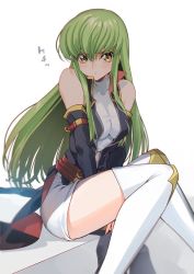 Rule 34 | 1girl, :t, between legs, black sleeves, boots, c.c., code geass, creayus, crop top, detached sleeves, green hair, hair between eyes, hand between legs, long hair, long sleeves, looking at viewer, shirt, short shorts, shorts, sitting, sleeveless, sleeveless shirt, solo, straight hair, thigh boots, thighhighs, very long hair, white background, white footwear, white shirt, white shorts, yellow eyes