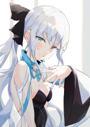 Rule 34 | 1girl, black bow, black dress, blue eyes, bow, braid, breasts, cleavage, dress, fate/grand order, fate (series), french braid, grey hair, hair bow, highres, itsukitoo, long hair, long sleeves, looking at viewer, medium breasts, morgan le fay (fate), ponytail, sidelocks, solo, thighs, two-tone dress, very long hair, white dress, wide sleeves