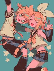Rule 34 | 1boy, 1girl, aqua eyes, arm up, bare shoulders, belt, belt buckle, black shorts, black sleeves, black socks, blonde hair, blush, brother and sister, buckle, closed eyes, commentary, detached sleeves, hair ornament, hair ribbon, hairclip, hand up, headphones, highres, kagamine len, kagamine rin, looking at viewer, menma (enaic31), midriff, neckerchief, open mouth, ribbon, sailor collar, shirt, short hair, shorts, siblings, simple background, sleeveless, sleeveless shirt, socks, star (symbol), swept bangs, symbol-only commentary, twins, twitter username, v, vocaloid, white ribbon, white shirt, yellow belt, yellow neckerchief