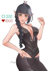 Rule 34 | 1girl, absurdres, baldur&#039;s gate, baldur&#039;s gate 3, black hair, black pants, black shirt, blunt bangs, braid, braided ponytail, breasts, cleavage, closed mouth, commentary, dungeons &amp; dragons, elf, english commentary, fingernails, grin, hair ornament, highres, large breasts, like and retweet, long hair, looking at viewer, pants, pixie (pixieinktvis), pointy ears, scar, scar on face, shadowheart (baldur&#039;s gate), shirt, signature, simple background, sleeveless, sleeveless shirt, smile, solo, white background