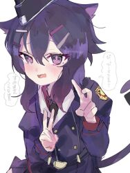 Rule 34 | 1girl, animal ears, belt, black belt, black hat, blue archive, blush, cat ears, cat girl, cat tail, fang, hands up, haruka (blue archive), hat, jacket, long sleeves, looking at viewer, mememe 613, open mouth, purple eyes, purple hair, purple jacket, short hair with long locks, simple background, sketch, skin fang, solo, speech bubble, tail, tearing up, translation request, white background