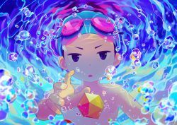 Rule 34 | 1boy, air bubble, blue eyes, bubble, caustics, child, commentary request, goggles, goggles on head, icosahedron, male focus, noeyebrow (mauve), open mouth, original, outstretched arm, reaching, signature, solo, swim cap, underwater, upper body