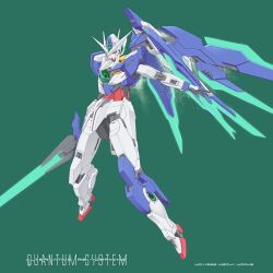 Rule 34 | 00 qan[t], artist name, commentary, english commentary, english text, green background, green eyes, gundam, gundam 00, gundam 00 a wakening of the trailblazer, highres, holding, holding sword, holding weapon, light particles, mecha, mobile suit, no humans, redesign, robot, shield, solo, sword, v-fin, wdy1000, weapon