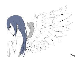 Rule 34 | 1girl, arute arisu, blue hair, completely nude, covering privates, covering breasts, fairy tail, highres, long hair, nude, simple background, solo, wendy marvell, white background, wings
