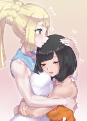Rule 34 | 2girls, absurdres, bare arms, black hair, blonde hair, blush, breasts, closed eyes, collarbone, commentary request, creatures (company), eyelashes, flying sweatdrops, game freak, green eyes, hand on another&#039;s head, heart, highres, hug, lillie (pokemon), long hair, md5 mismatch, mizuumi (bb), multiple girls, nintendo, open mouth, parted lips, pokemon, pokemon usum, ponytail, resolution mismatch, selene (pokemon), sidelocks, small breasts, smile, source smaller, teeth, tongue, yuri