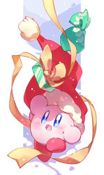 Rule 34 | 0olqplo0, arm up, blue eyes, border, christmas, commentary, english commentary, fur-trimmed headwear, fur trim, gift, hat, kirby, kirby (series), light blush, mountainous horizon, nintendo, no humans, open mouth, outdoors, outside border, pillarboxed, pom pom (clothes), red footwear, ribbon, sack, santa hat, shoes, smile, snowing, solo, white border, yellow ribbon