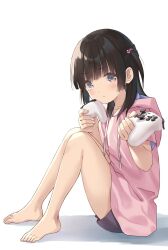 Rule 34 | 1girl, bare legs, barefoot, black hair, black shorts, blush, closed mouth, commentary request, controller, from side, full body, game controller, grey eyes, hair bobbles, hair ornament, hands up, highres, holding, holding controller, holding game controller, hood, hood down, hoodie, knees up, looking at viewer, looking to the side, medium hair, na-ga, original, pink hoodie, shadow, short shorts, short sleeves, shorts, sidelocks, simple background, sitting, solo, white background