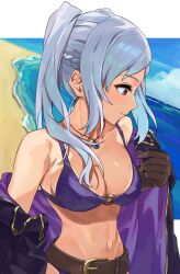 Rule 34 | 1girl, bare shoulders, beach, belt, bikini, breasts, brown eyes, brown gloves, cleavage, coat, fire emblem, fire emblem awakening, fire emblem heroes, gloves, highres, jewelry, kamu (kamuuei), large breasts, long hair, looking to the side, navel, necklace, nintendo, o-ring, o-ring bikini, o-ring top, ocean, off shoulder, official alternate costume, purple bikini, robin (female) (fire emblem), robin (female) (summer) (fire emblem), robin (fire emblem), smile, solo, swimsuit, twintails, white hair