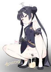 Rule 34 | 1girl, bar censor, black hair, blue archive, censored, chinese clothes, clothes lift, double bun, glass, hair bun, hand on own knee, highres, kisaki (blue archive), long hair, no panties, parted lips, pee, peeing, peeing in cup, pussy, squatting, twintails