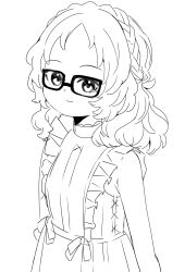 Rule 34 | 1girl, absurdres, armpit crease, bare arms, bow, braid, breasts, commentary, dress, forehead, frilled dress, frills, glasses, highres, looking at viewer, medium hair, mie ai, monochrome, rectangular eyewear, rhansviel1, sketch, sleeveless, small breasts, smile, solo, sukinako ga megane wo wasureta, symbol-only commentary, upper body, wavy hair, white background, wrist bow, wristband