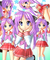 Rule 34 | 00s, 1girl, 3d, angry, blue eyes, blush, clenched hand, clenched hands, embarrassed, from below, frown, g-tetsu, hair ribbon, hands on another&#039;s face, hands on own hips, hands on own face, hiiragi kagami, long hair, looking back, lucky star, midriff, open mouth, panties, pantyshot, pleated skirt, pointing, purple hair, ribbon, school uniform, serafuku, skirt, smile, star (symbol), thigh gap, thighs, tsurime, twintails, underwear, white panties