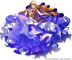 Rule 34 | 1girl, braid, breasts, crown, detached sleeves, fate/grand order, fate (series), green eyes, hand on own chest, haydee (fate), high heels, large breasts, long hair, multicolored hair, official art, orange hair, purple eyes, routo, solo, star (symbol), starry background, white headdress