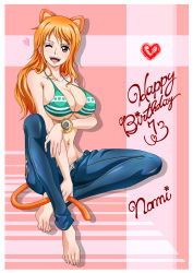Rule 34 | 1girl, animal ears, arm under breasts, armpit crease, barefoot, between legs, bikini, bikini top only, bracelet, breasts, cat ears, cat tail, character name, collarbone, commentary request, dated, denim, english text, eyelashes, feet, green bikini, hand between legs, happy birthday, heart, highres, holding, holding tail, jeans, jewelry, knee up, large breasts, legs, long hair, nail polish, nami (one piece), navel, one eye closed, one piece, open mouth, orange hair, pants, partially unbuttoned, pink background, pink nails, rider (orange couture), shiny clothes, sitting, smile, solo, striped bikini, striped clothes, swimsuit, tail, teeth, toenail polish, toenails, toes, tongue, underboob, upper teeth only, watch, wristwatch